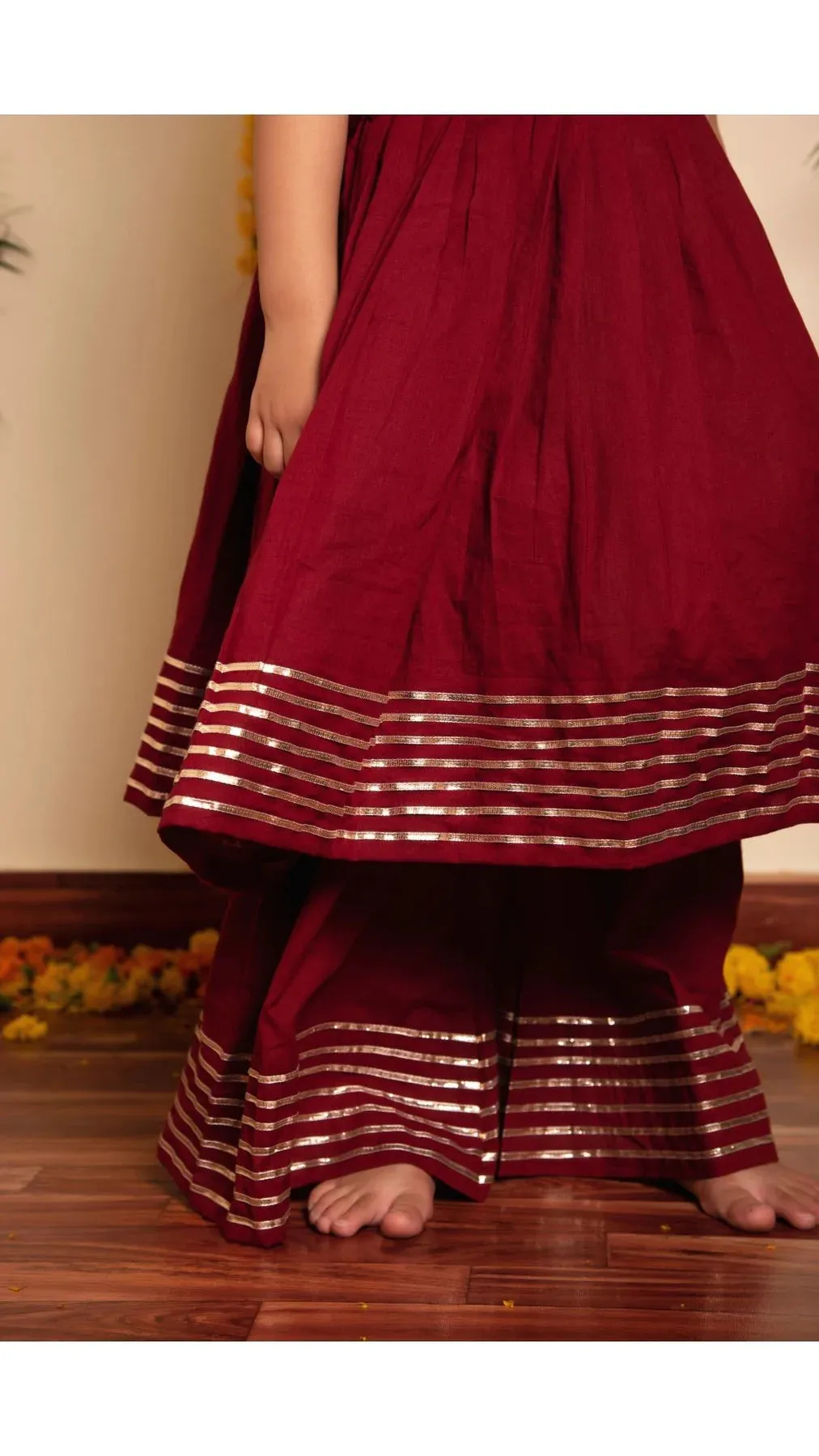 Girls Maroon Cotton Gota Lace Detailing Anarkali Set