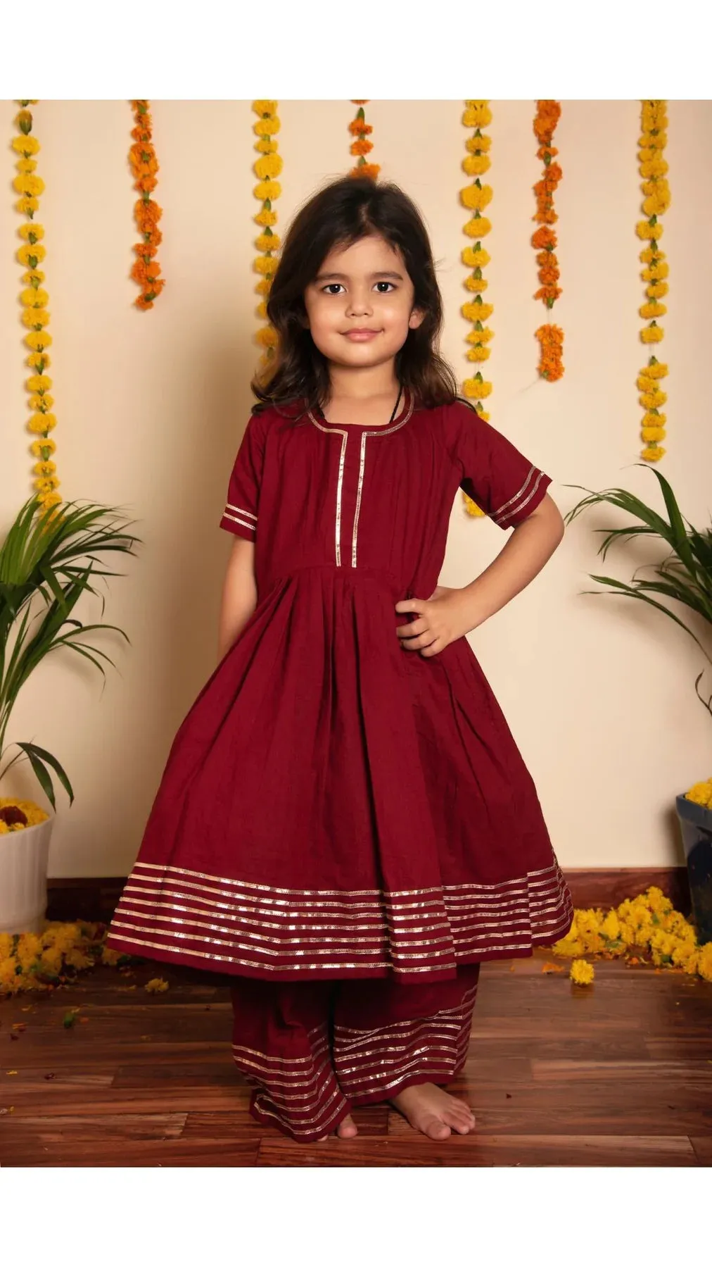 Girls Maroon Cotton Gota Lace Detailing Anarkali Set