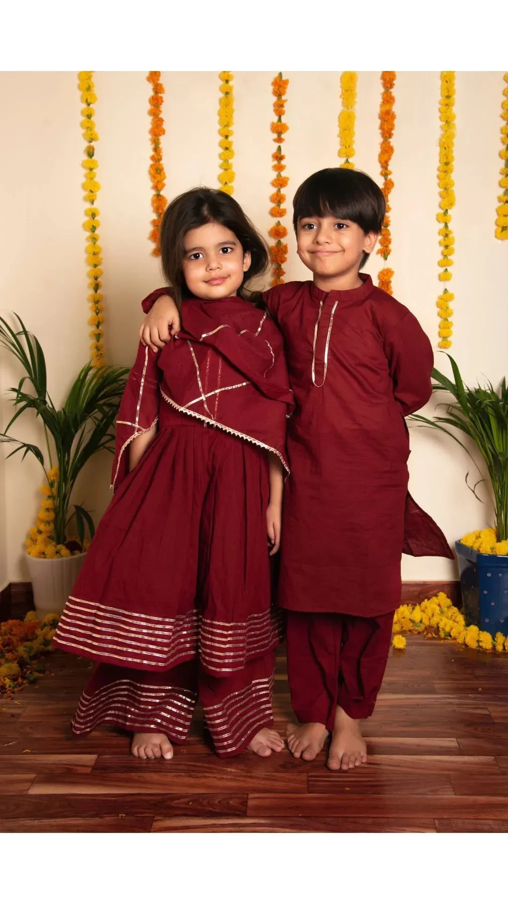 Girls Maroon Cotton Gota Lace Detailing Anarkali Set
