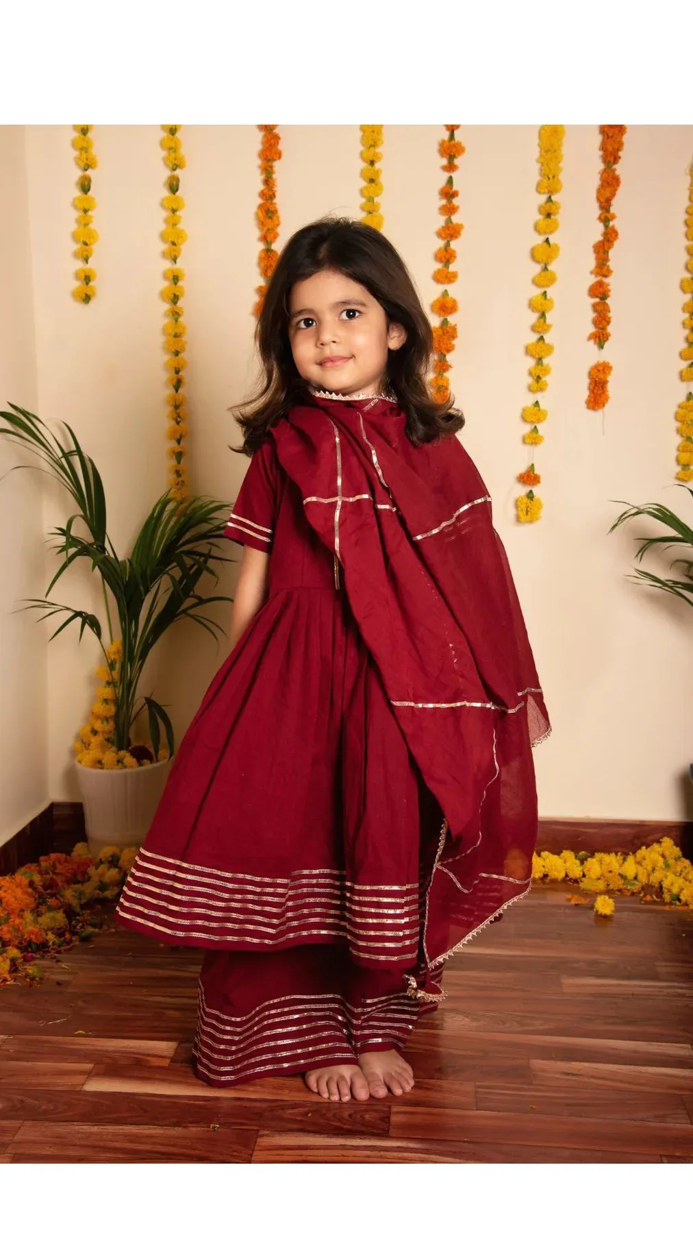 Girls Maroon Cotton Gota Lace Detailing Anarkali Set