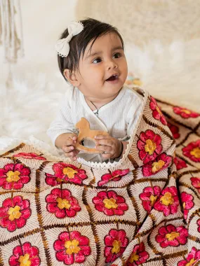Girl's Woollen Red Rose Embroidered Reversible Luxury Baby Kids Blanket - HALEMONS