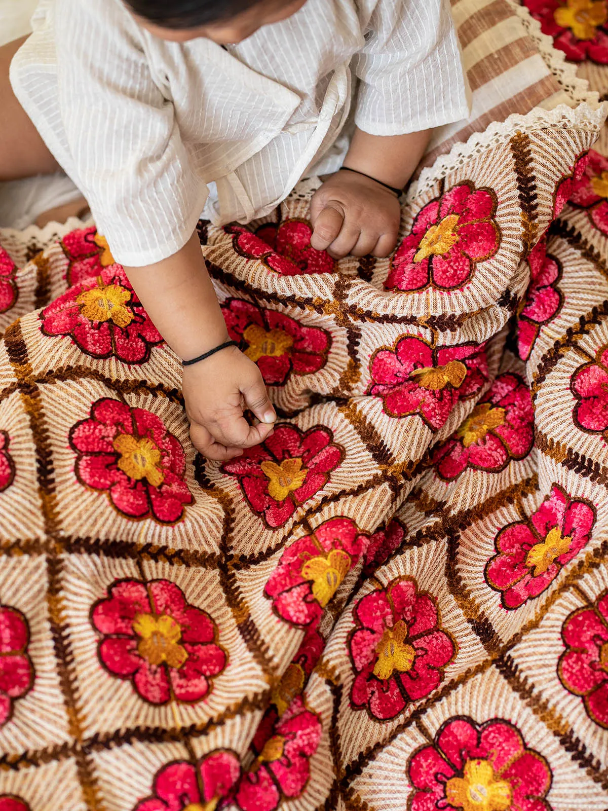 Girl's Woollen Red Rose Embroidered Reversible Luxury Baby Kids Blanket - HALEMONS