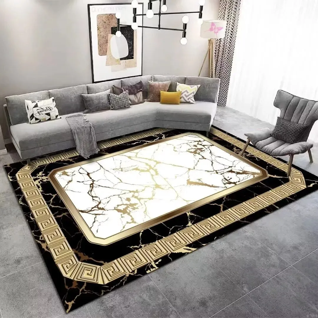 Glden Italian Fantasy Modern Ornament Black Gold and White Carpet Luxury Non-Slip Floor Mat Rug Carpet