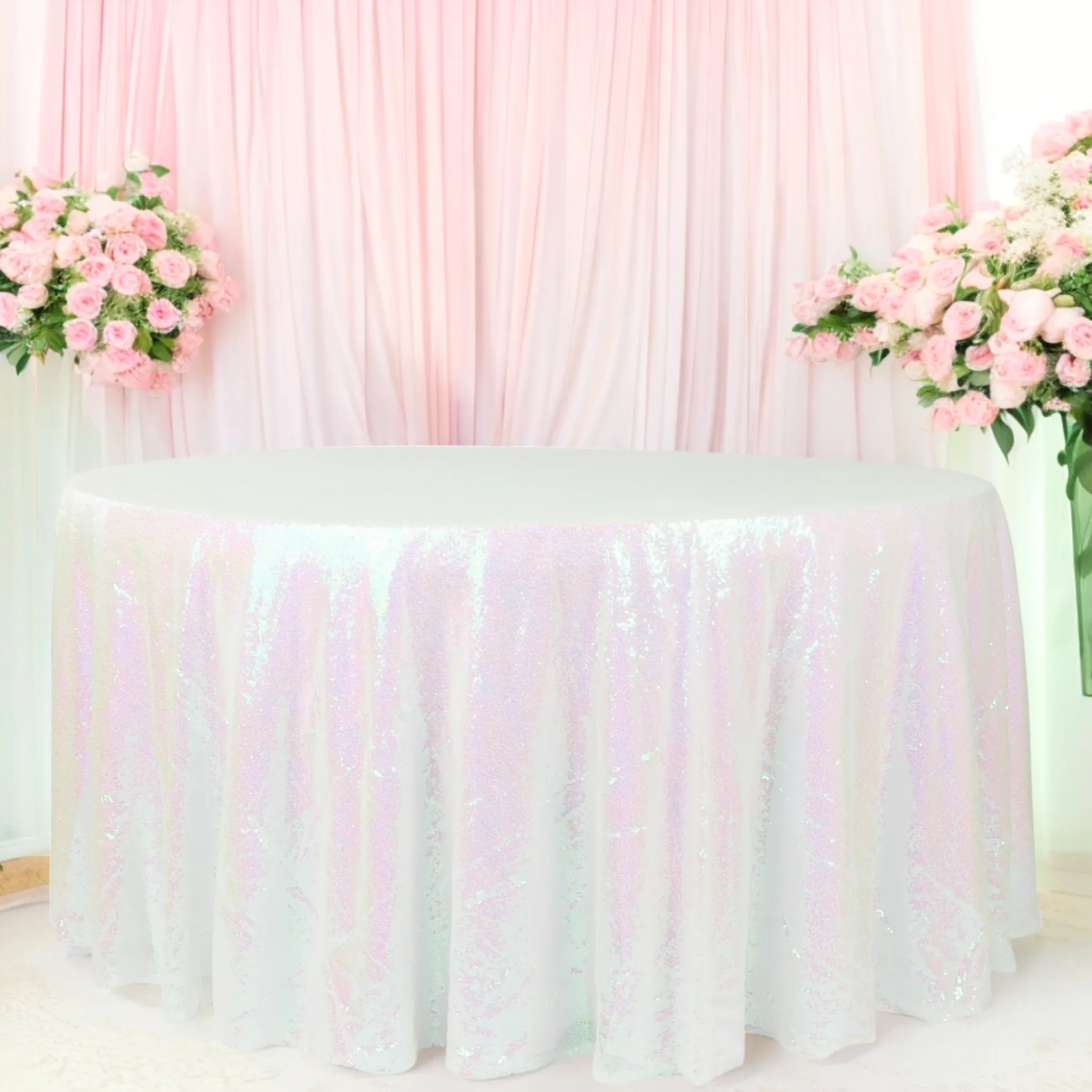 Glitz Sequins 120" Round Tablecloth - Iridescent White