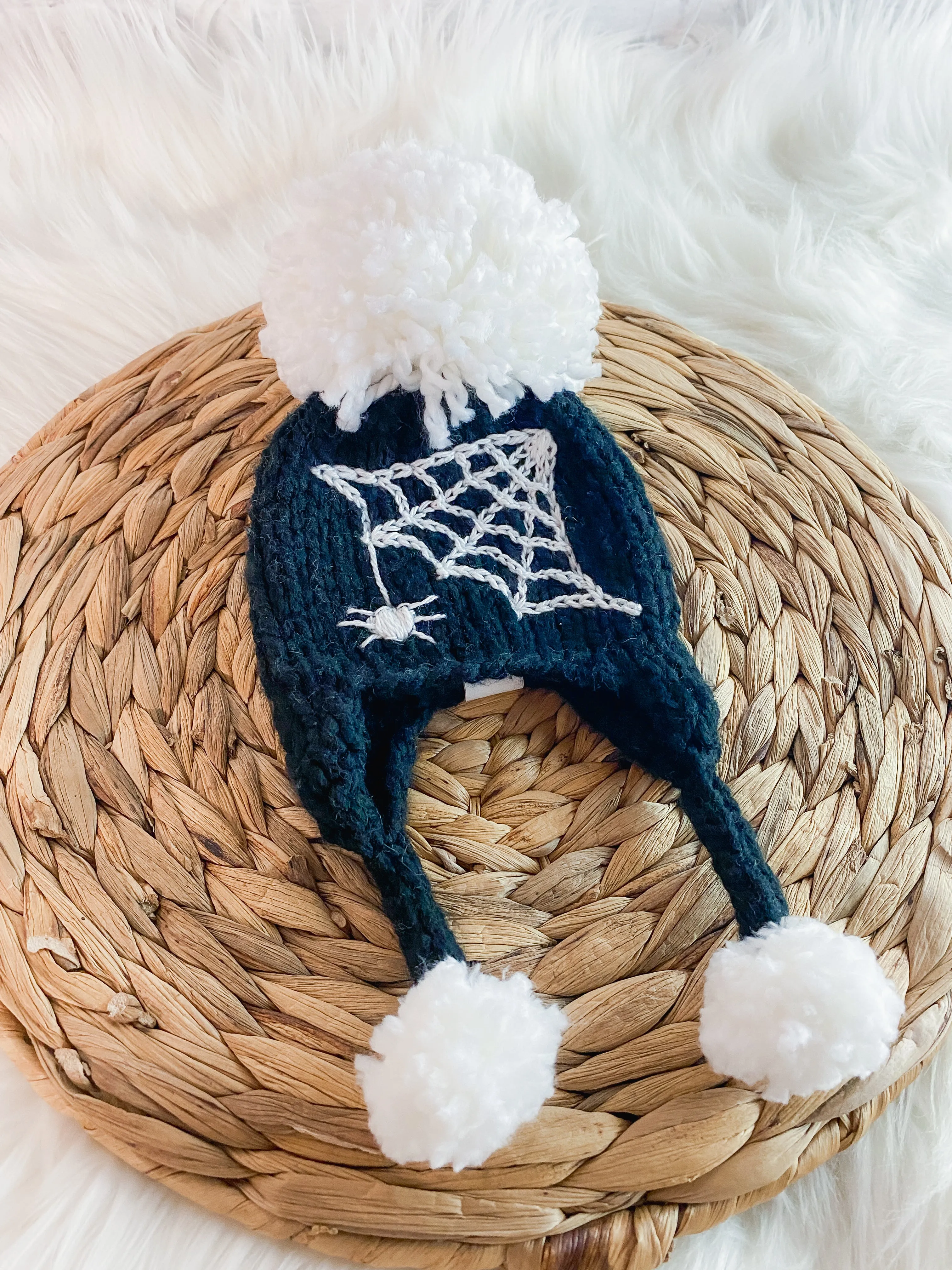 Glow in the Dark Knitted Baby Spiderweb Hat with Pom Poms - Handmade Halloween Baby Beanie