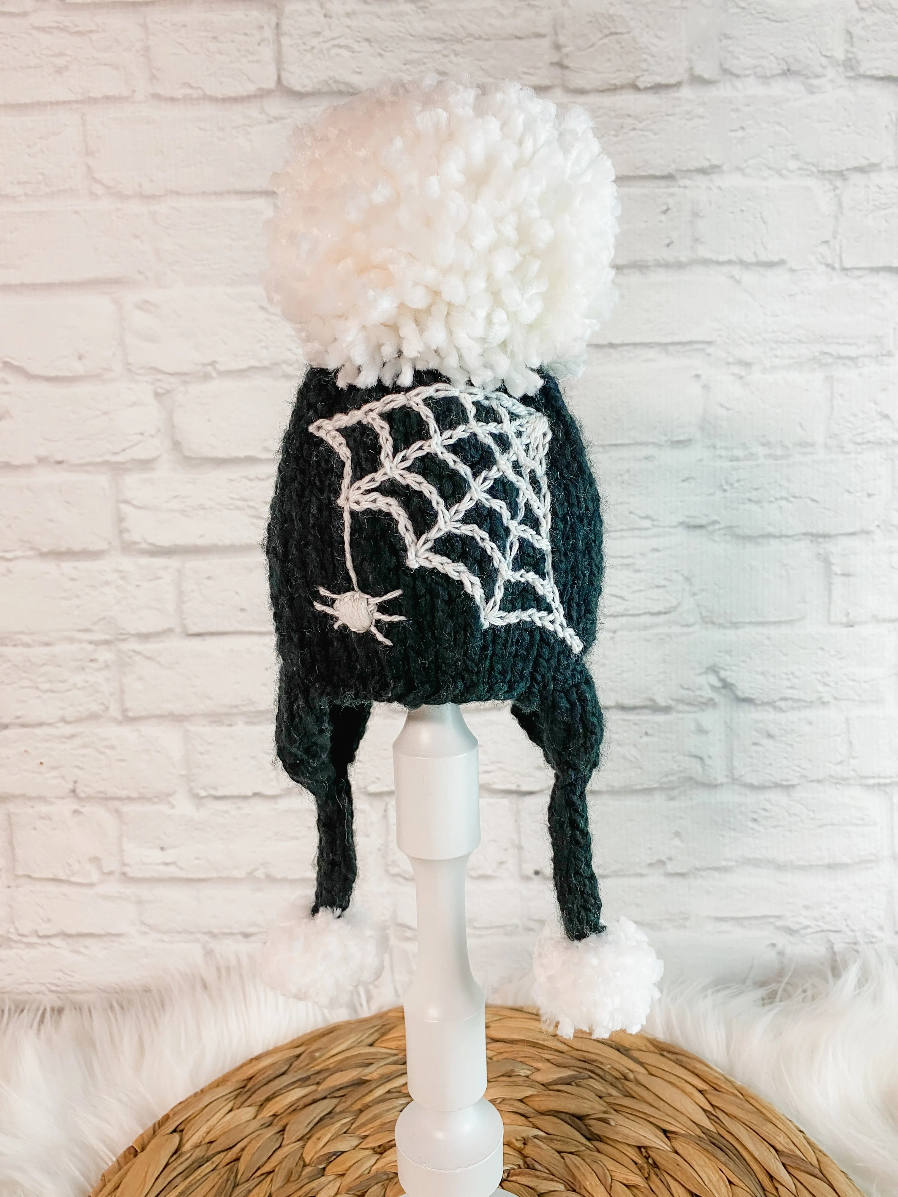 Glow in the Dark Knitted Baby Spiderweb Hat with Pom Poms - Handmade Halloween Baby Beanie