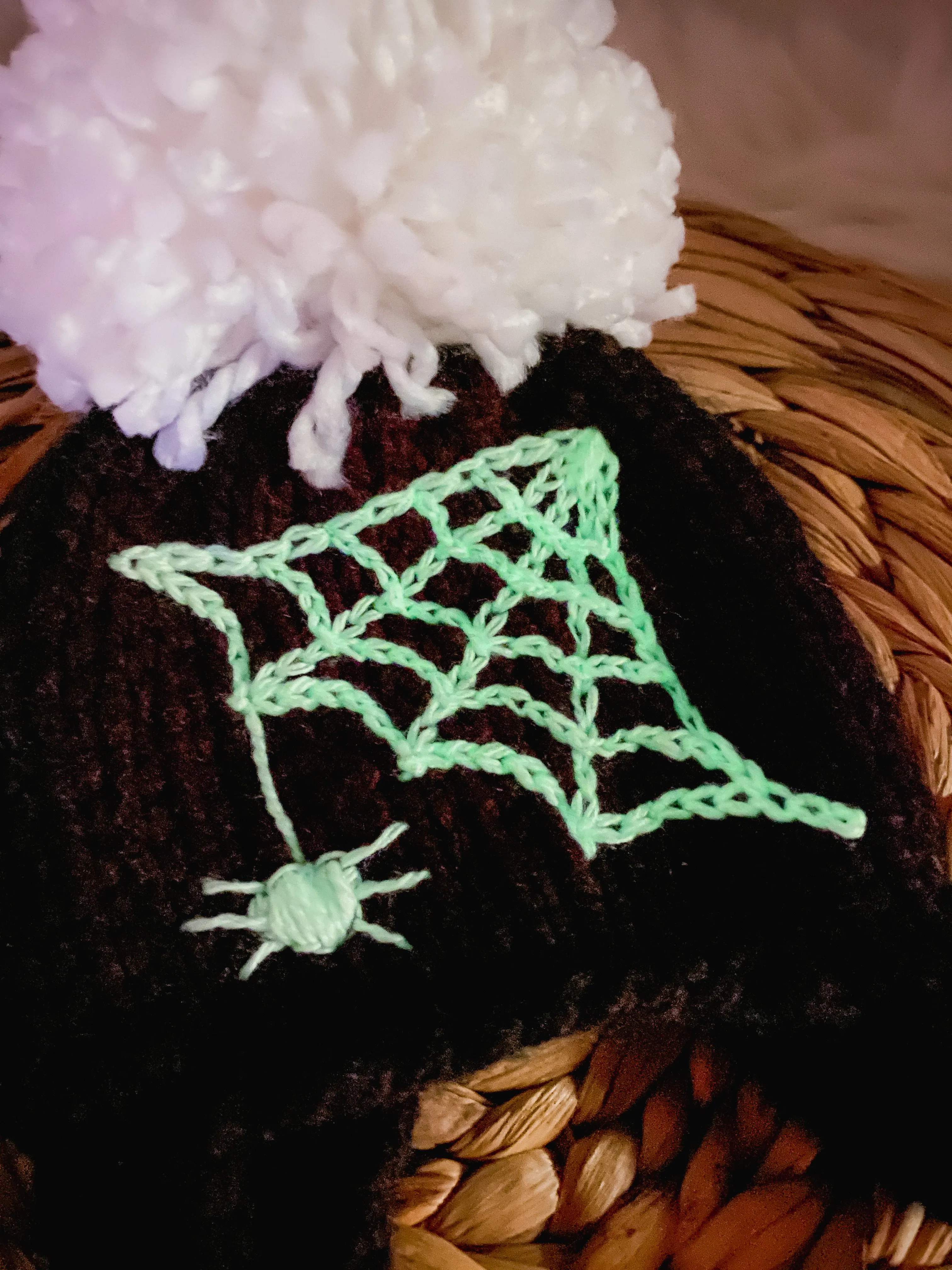 Glow in the Dark Knitted Baby Spiderweb Hat with Pom Poms - Handmade Halloween Baby Beanie