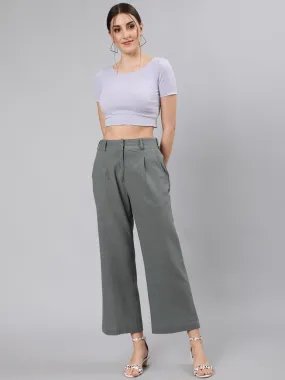Grey Cotton Slub Flared High Rise Parallel Pants