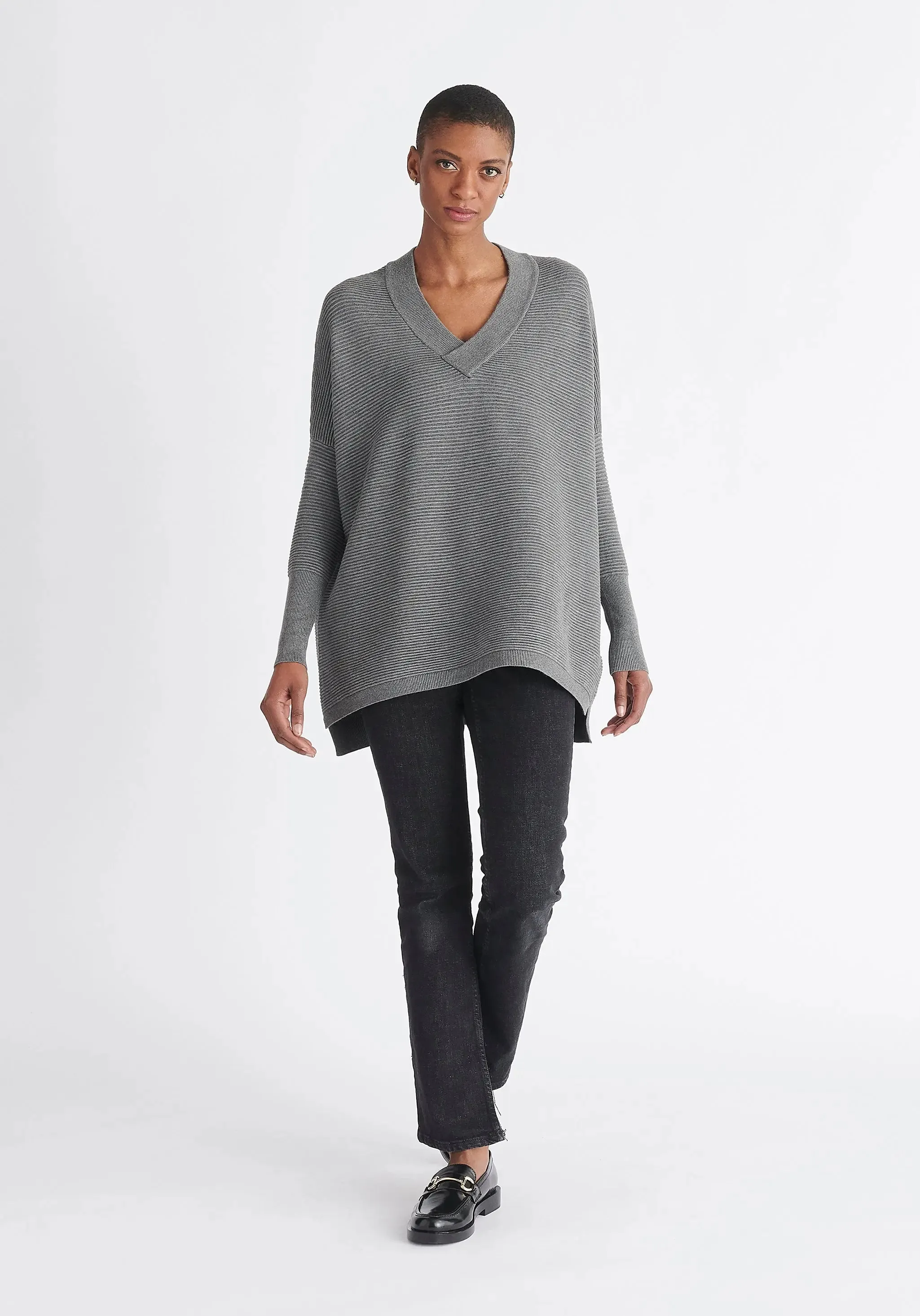 Grey V-Neck Ribbed Jumper