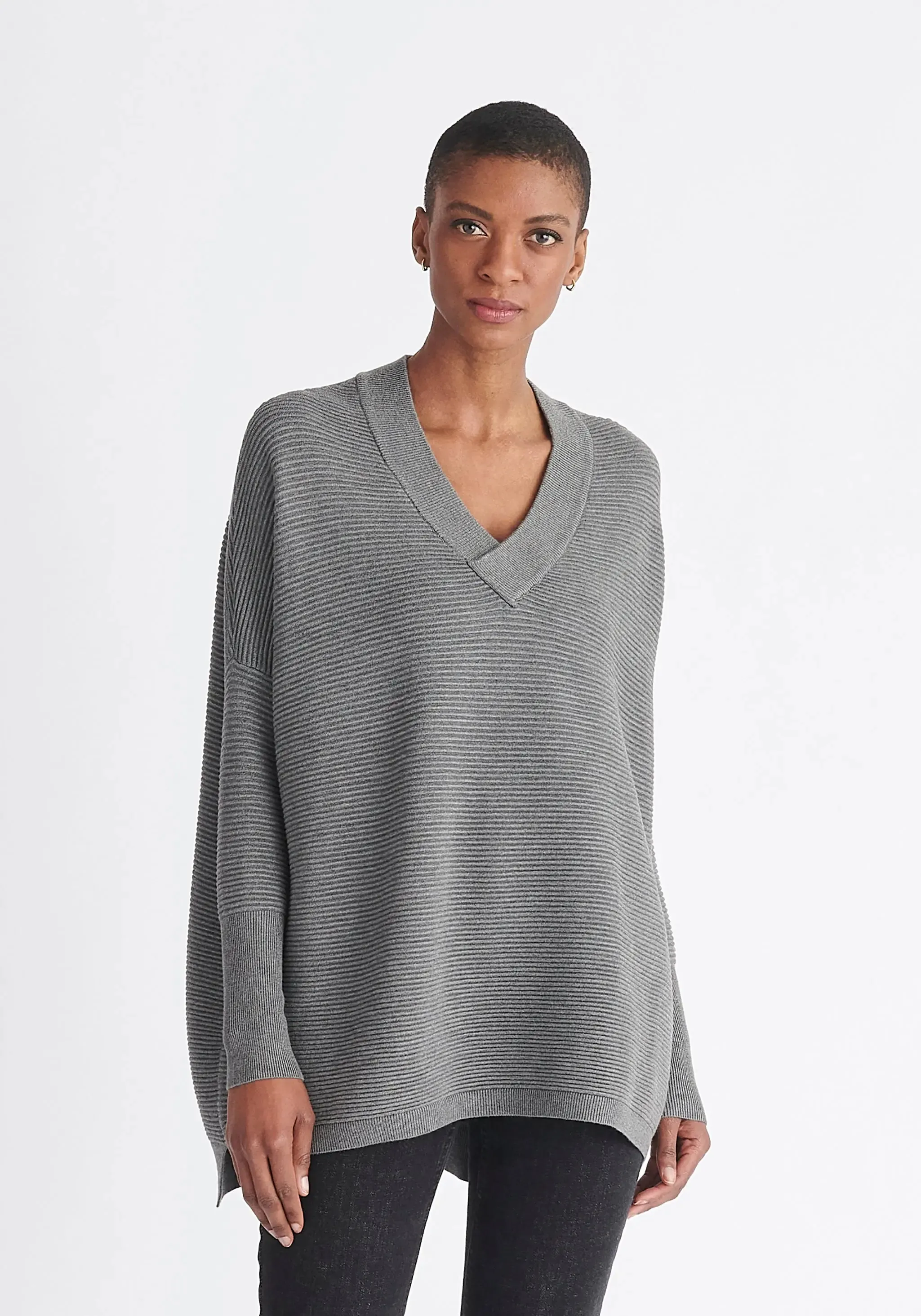Grey V-Neck Ribbed Jumper
