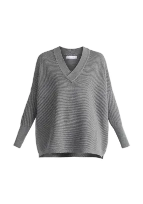 Grey V-Neck Ribbed Jumper