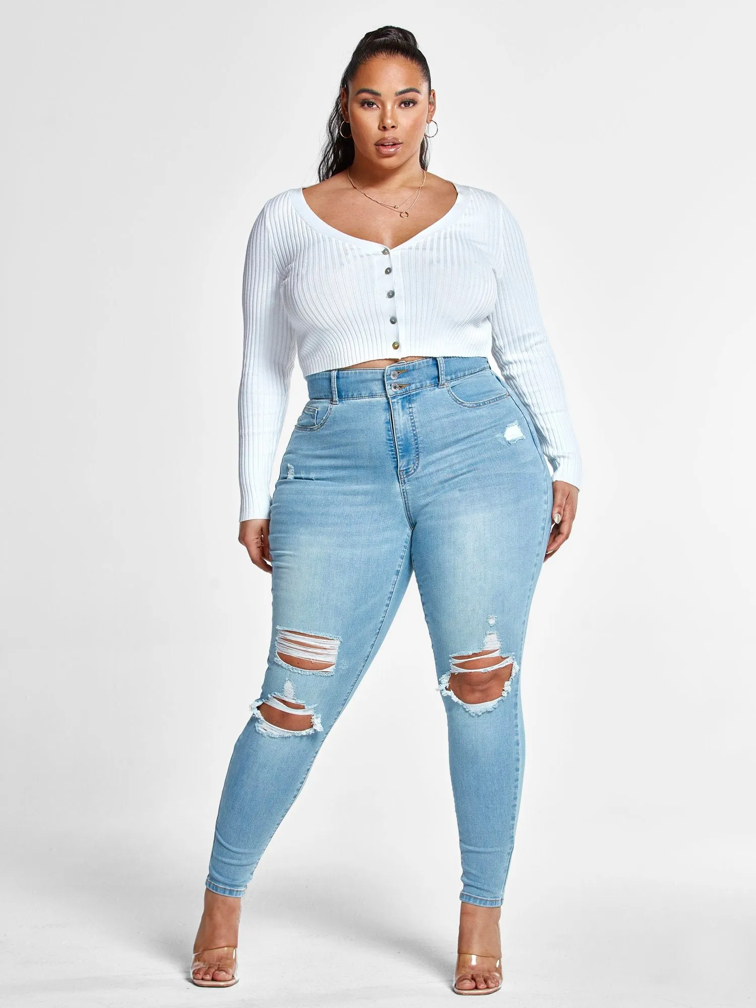 High Rise Curvy Fit Skinny Jeans with Blowout Knees - Short Inseam