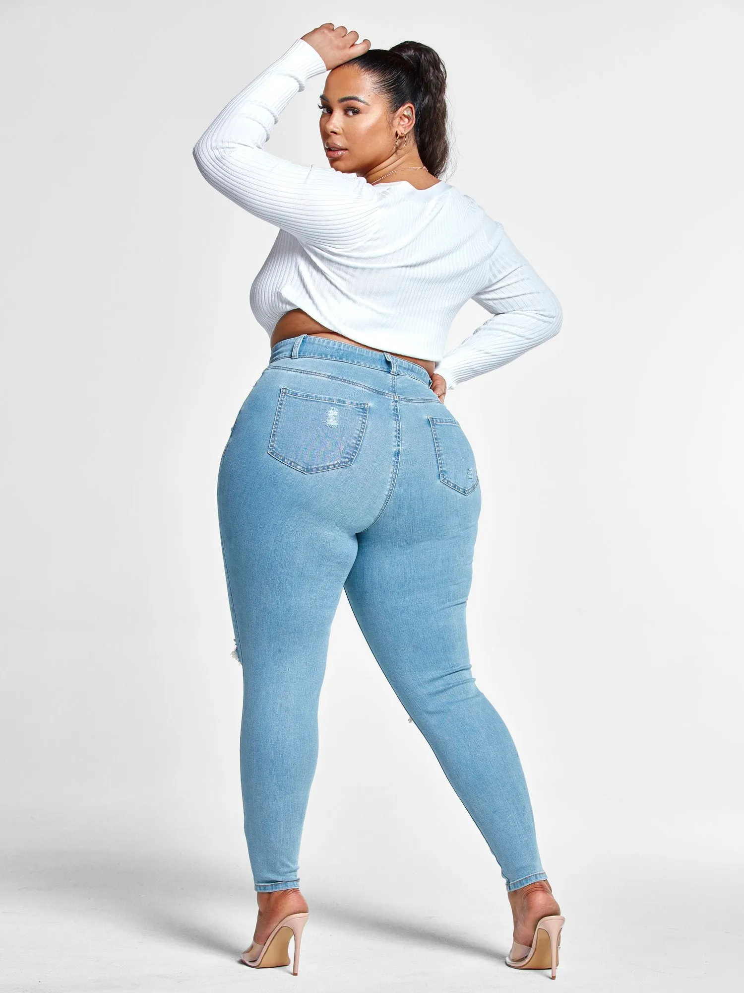 High Rise Curvy Fit Skinny Jeans with Blowout Knees - Short Inseam
