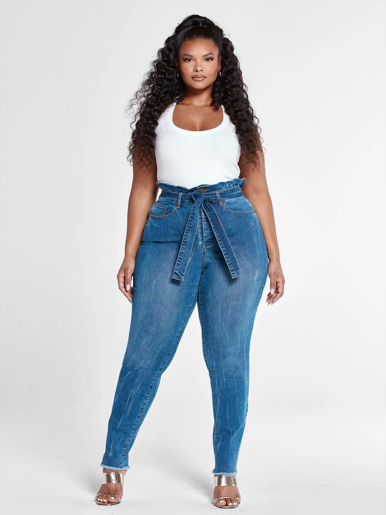 High Rise Straight Leg Jeans with Paperbag Waist - Tall Inseam