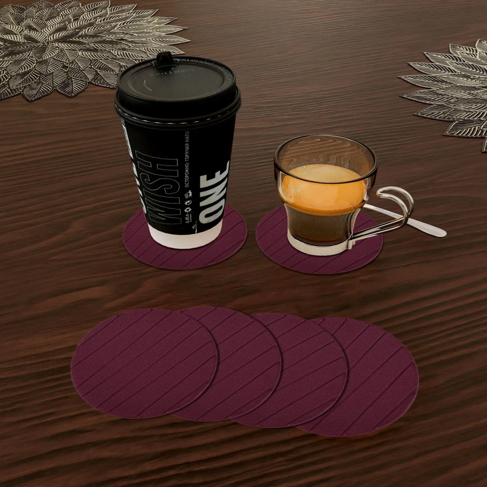 Kuber Industries Coaster | Tea Coasters for office Table | Foam Tea Coasters for Kitchen | Coasters for Dining Table | Office Desk Coasters | Round Lining-Design Coaster | 6 Piece Set | Purple