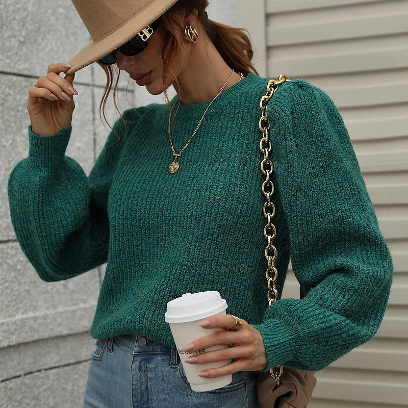 Ladies Balloon Sleeve Crew Neck Knitted Jumper