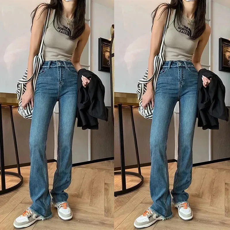Lanfubeisi fall outfits women Korean Style Spring and Autumn New High Waist Slimming Jeans Design Tassel Stretch Micro Flared Pants All-Matching Trousers