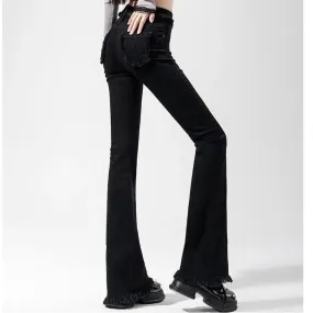 Lanfubeisi fall outfits women Korean Style Spring and Autumn New High Waist Slimming Jeans Design Tassel Stretch Micro Flared Pants All-Matching Trousers