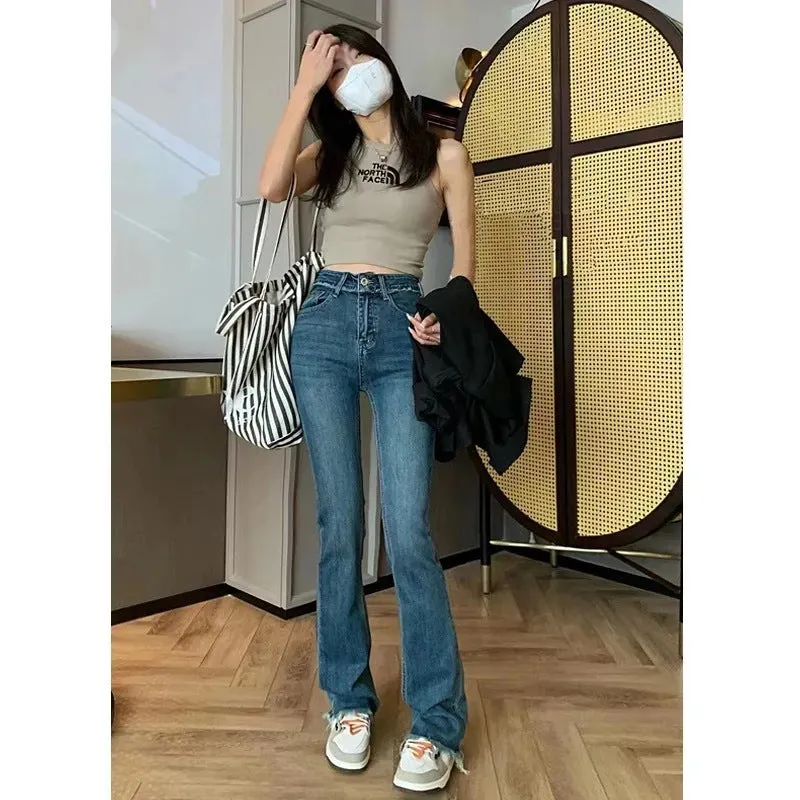 Lanfubeisi fall outfits women Korean Style Spring and Autumn New High Waist Slimming Jeans Design Tassel Stretch Micro Flared Pants All-Matching Trousers