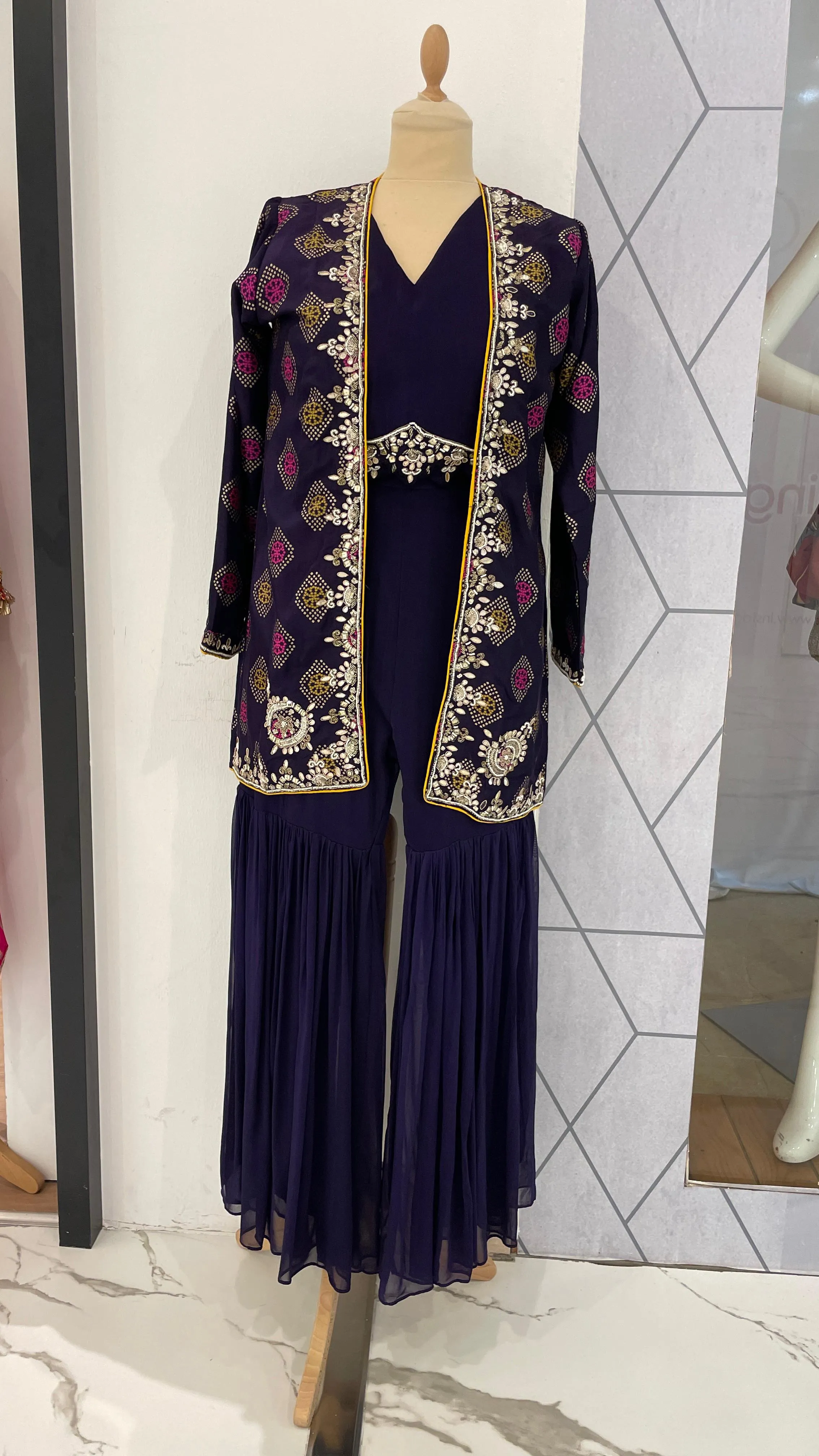 Lavinia Royal Purple Bandani Jacket, Blouse and Gharara Pants Set (Ready to Wear)