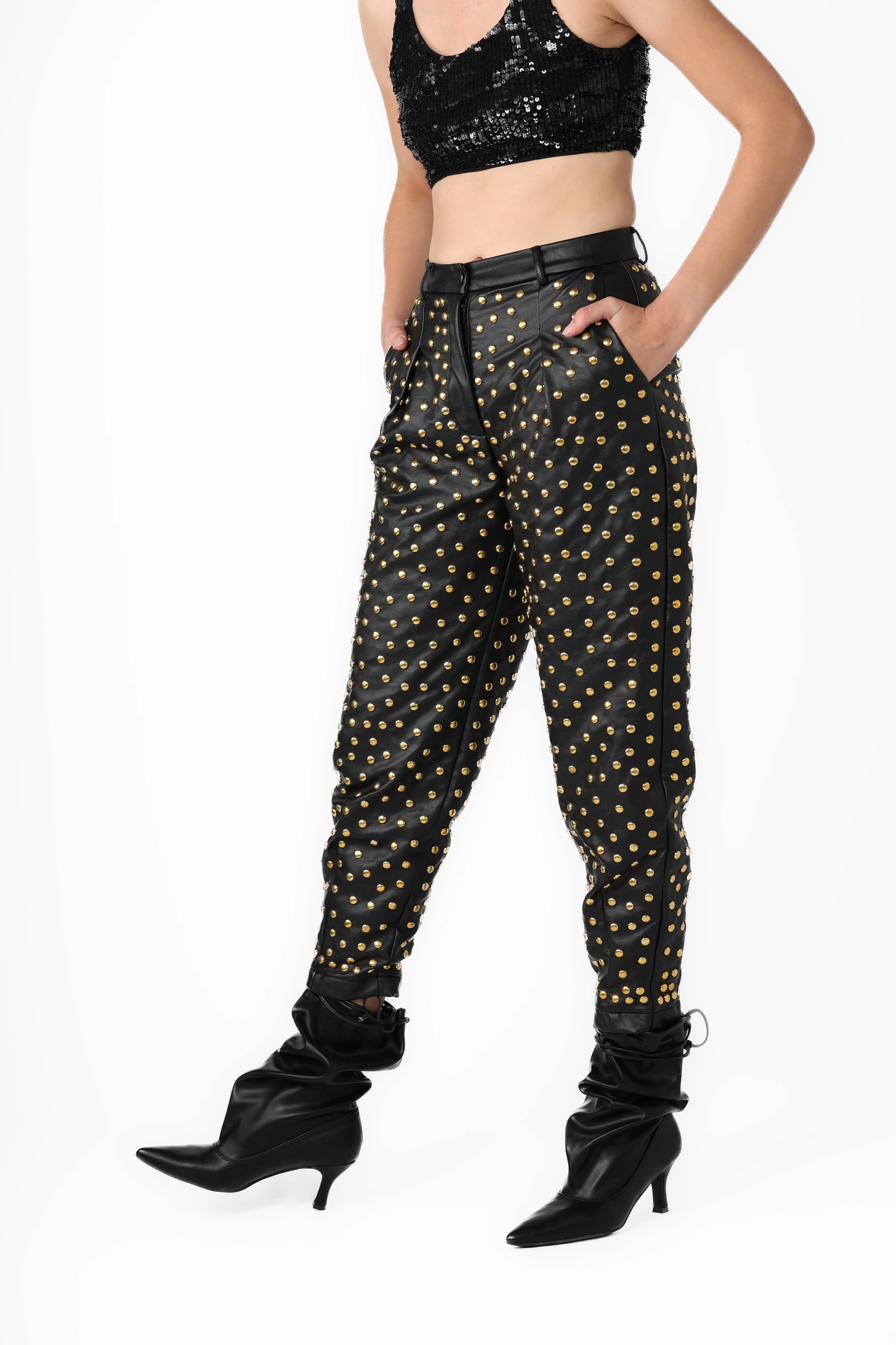 LEATHER STUD PANTS GOLD