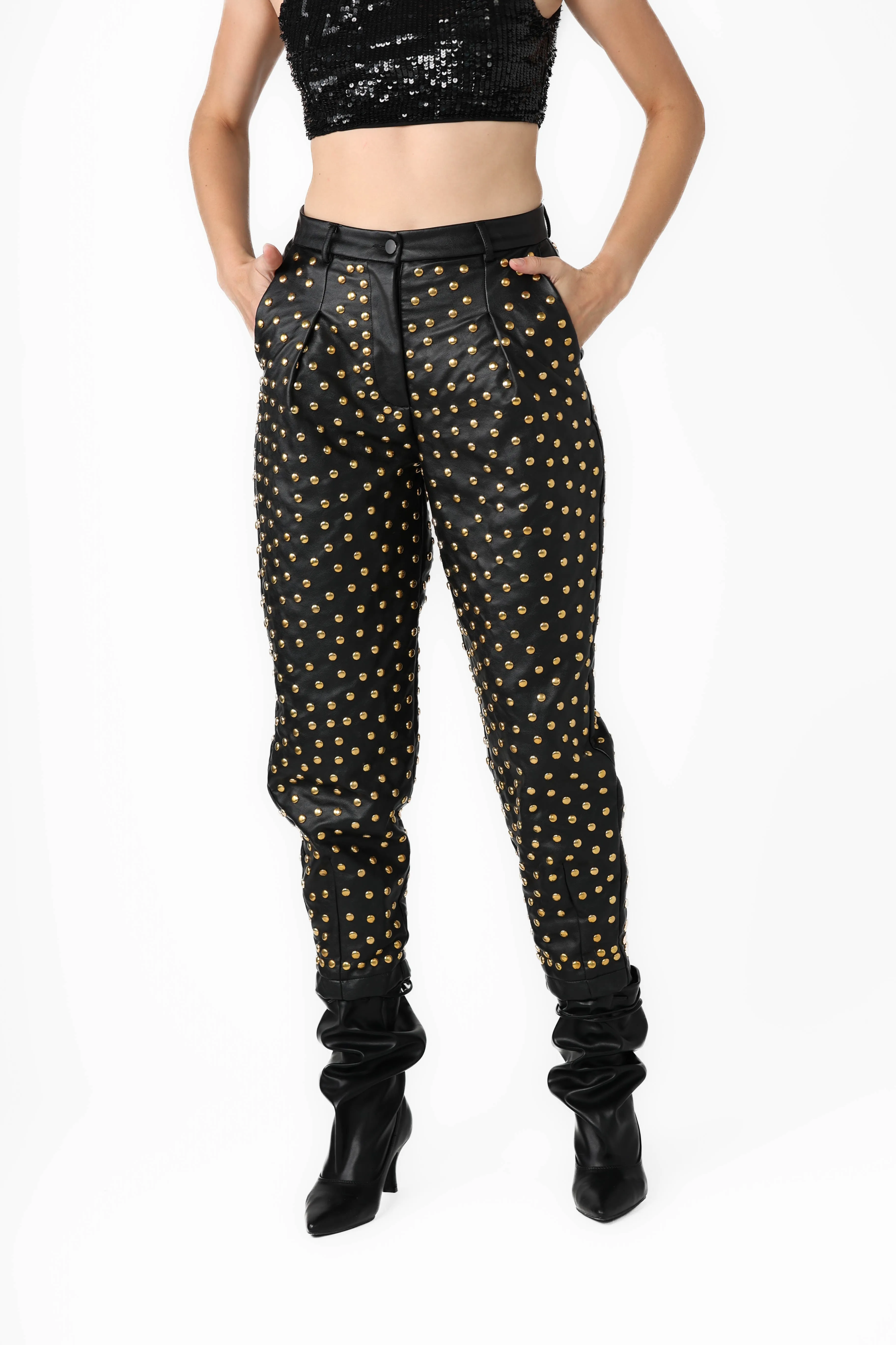 LEATHER STUD PANTS GOLD