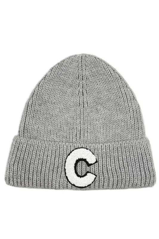 Letter C Chenille Patch Ribbed Cuff Beanie Hat