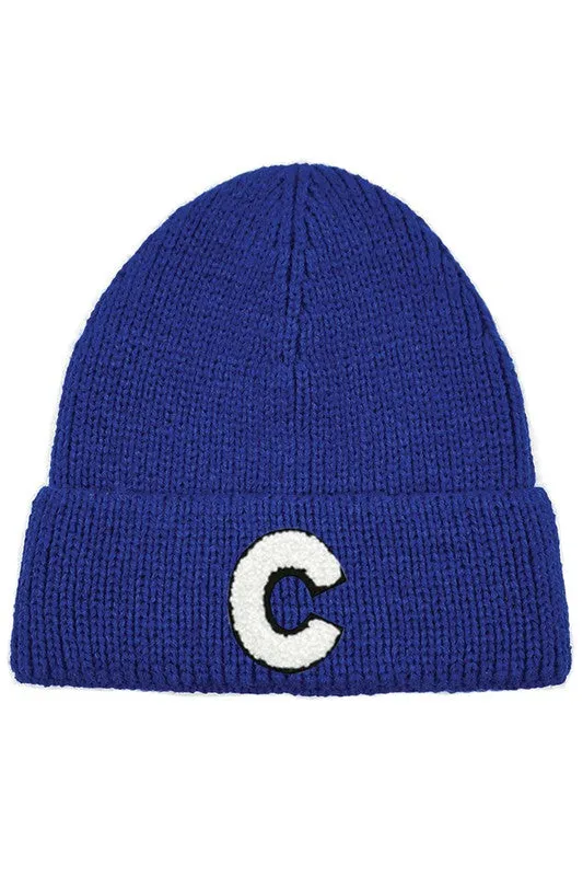 Letter C Chenille Patch Ribbed Cuff Beanie Hat