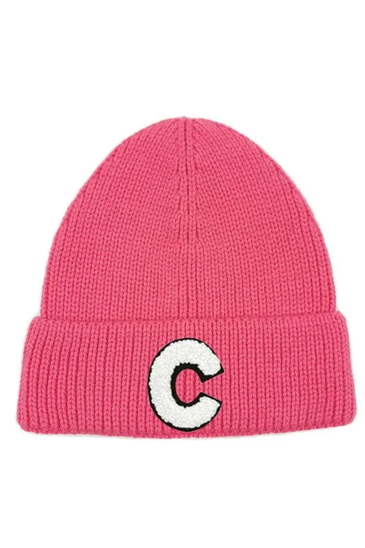 Letter C Chenille Patch Ribbed Cuff Beanie Hat