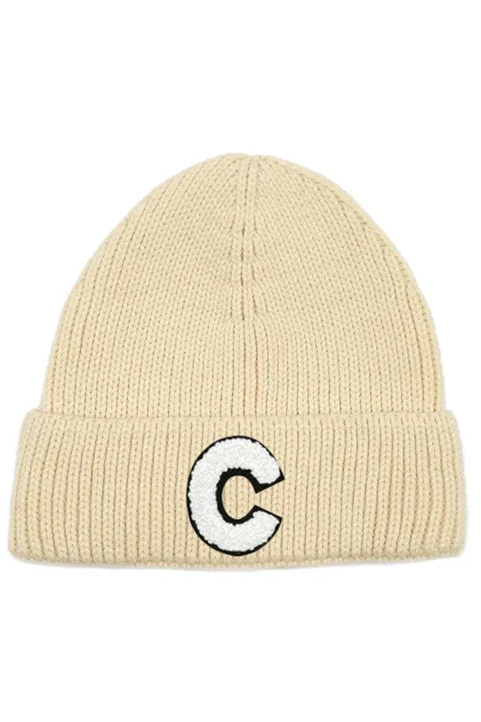 Letter C Chenille Patch Ribbed Cuff Beanie Hat