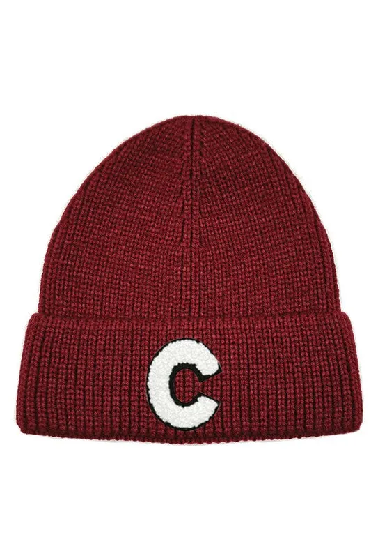 Letter C Chenille Patch Ribbed Cuff Beanie Hat