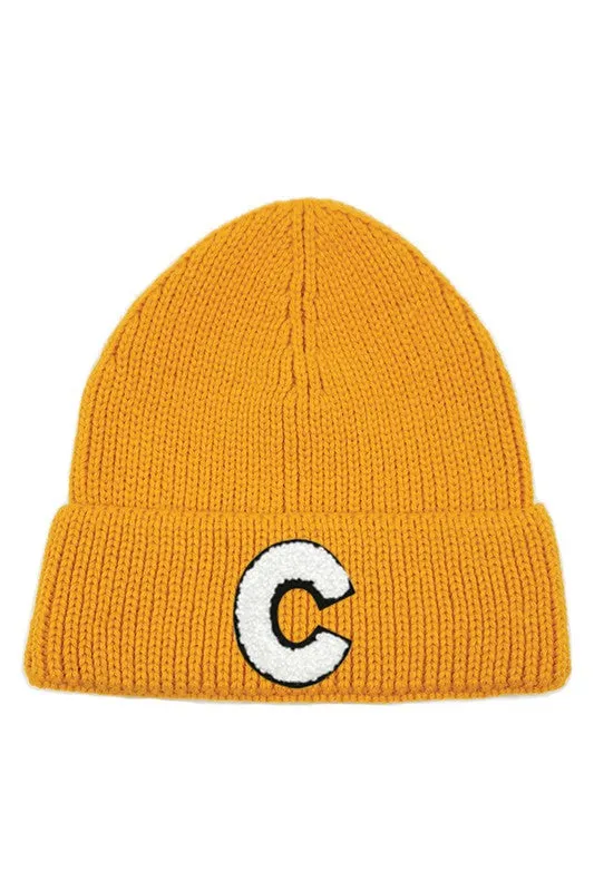 Letter C Chenille Patch Ribbed Cuff Beanie Hat