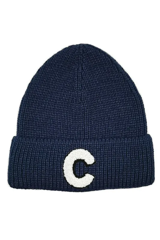 Letter C Chenille Patch Ribbed Cuff Beanie Hat
