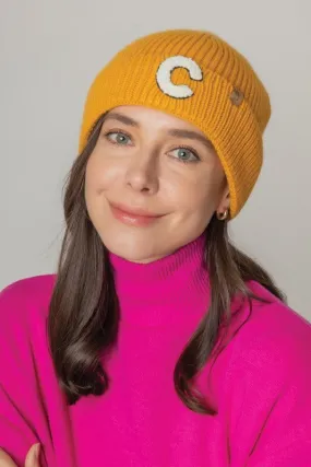 Letter C Chenille Patch Ribbed Cuff Beanie Hat