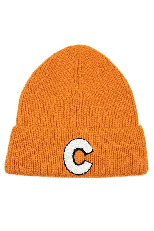 Letter C Chenille Patch Ribbed Cuff Beanie Hat