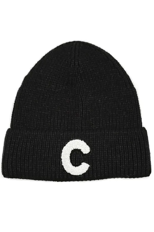 Letter C Chenille Patch Ribbed Cuff Beanie Hat