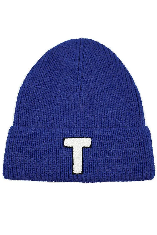 Letter T Chenille Patch Ribbed Cuff Beanie Hat