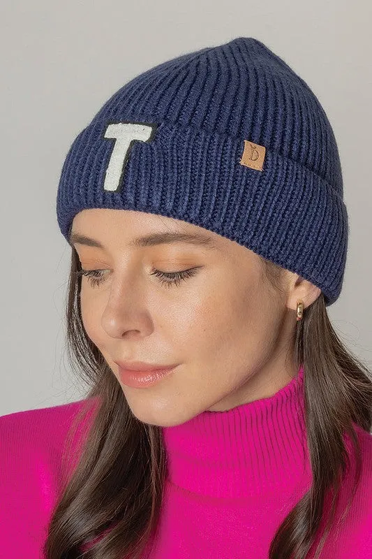 Letter T Chenille Patch Ribbed Cuff Beanie Hat