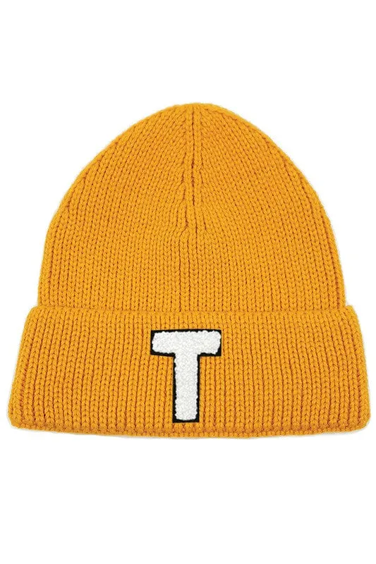 Letter T Chenille Patch Ribbed Cuff Beanie Hat