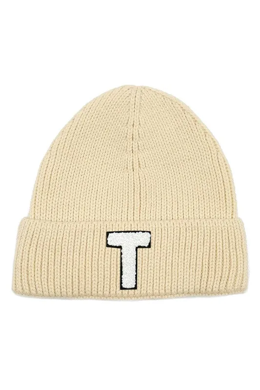 Letter T Chenille Patch Ribbed Cuff Beanie Hat