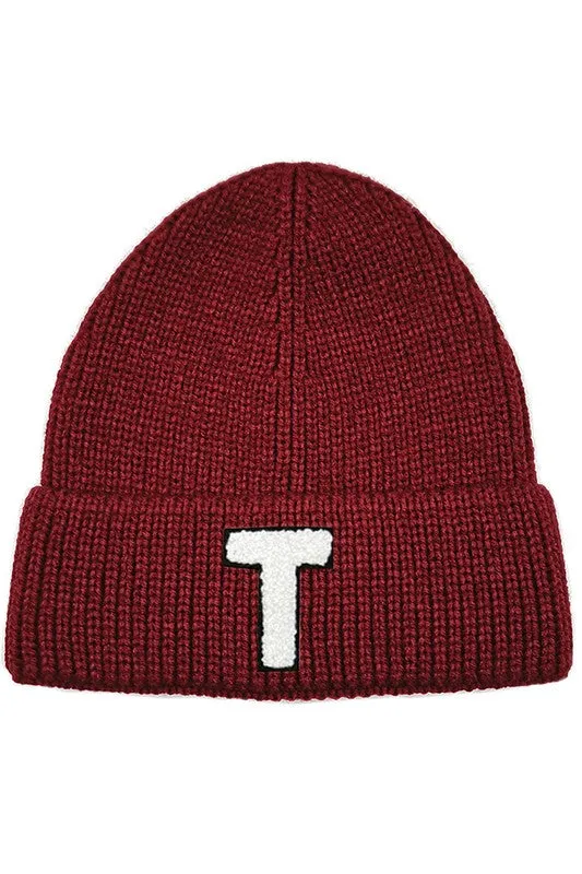 Letter T Chenille Patch Ribbed Cuff Beanie Hat
