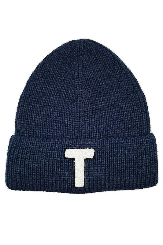 Letter T Chenille Patch Ribbed Cuff Beanie Hat