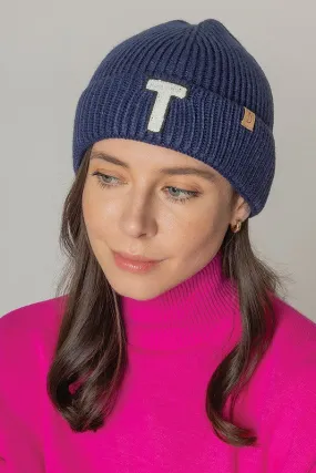 Letter T Chenille Patch Ribbed Cuff Beanie Hat