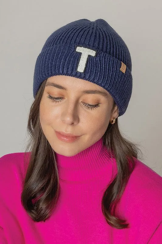 Letter T Chenille Patch Ribbed Cuff Beanie Hat