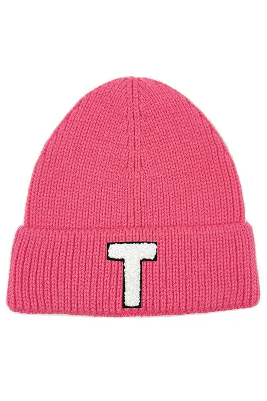Letter T Chenille Patch Ribbed Cuff Beanie Hat