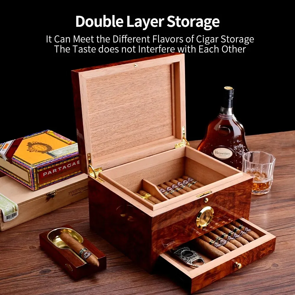 Luxury Cigar Humidor 2 Layers Spanish Cedar Wood Cigar Box With Hygrometer Moisturizing Cabinet Fit 50 PCS