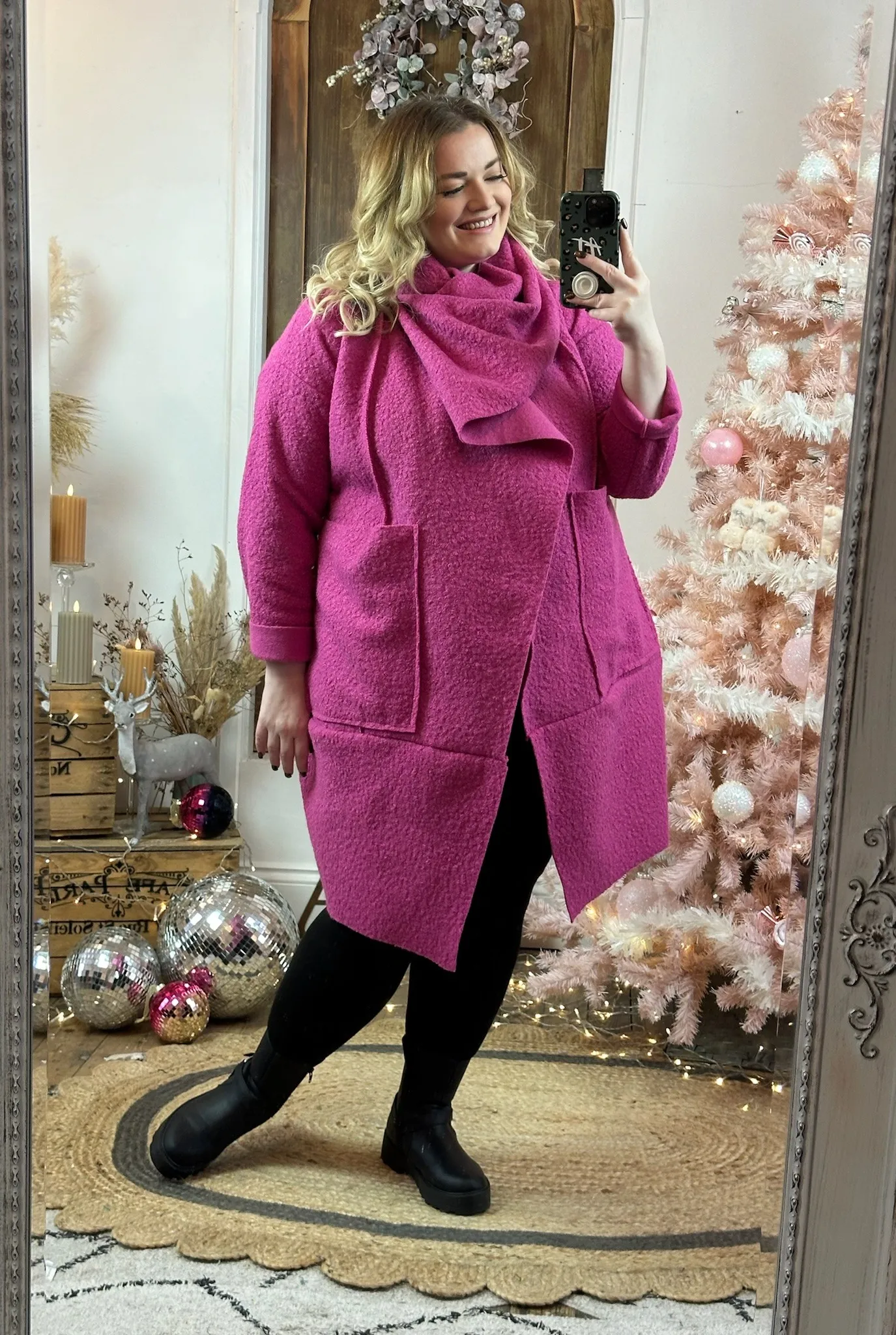 Magenta Hudson Boucle Wrap Neck Teddy Coat