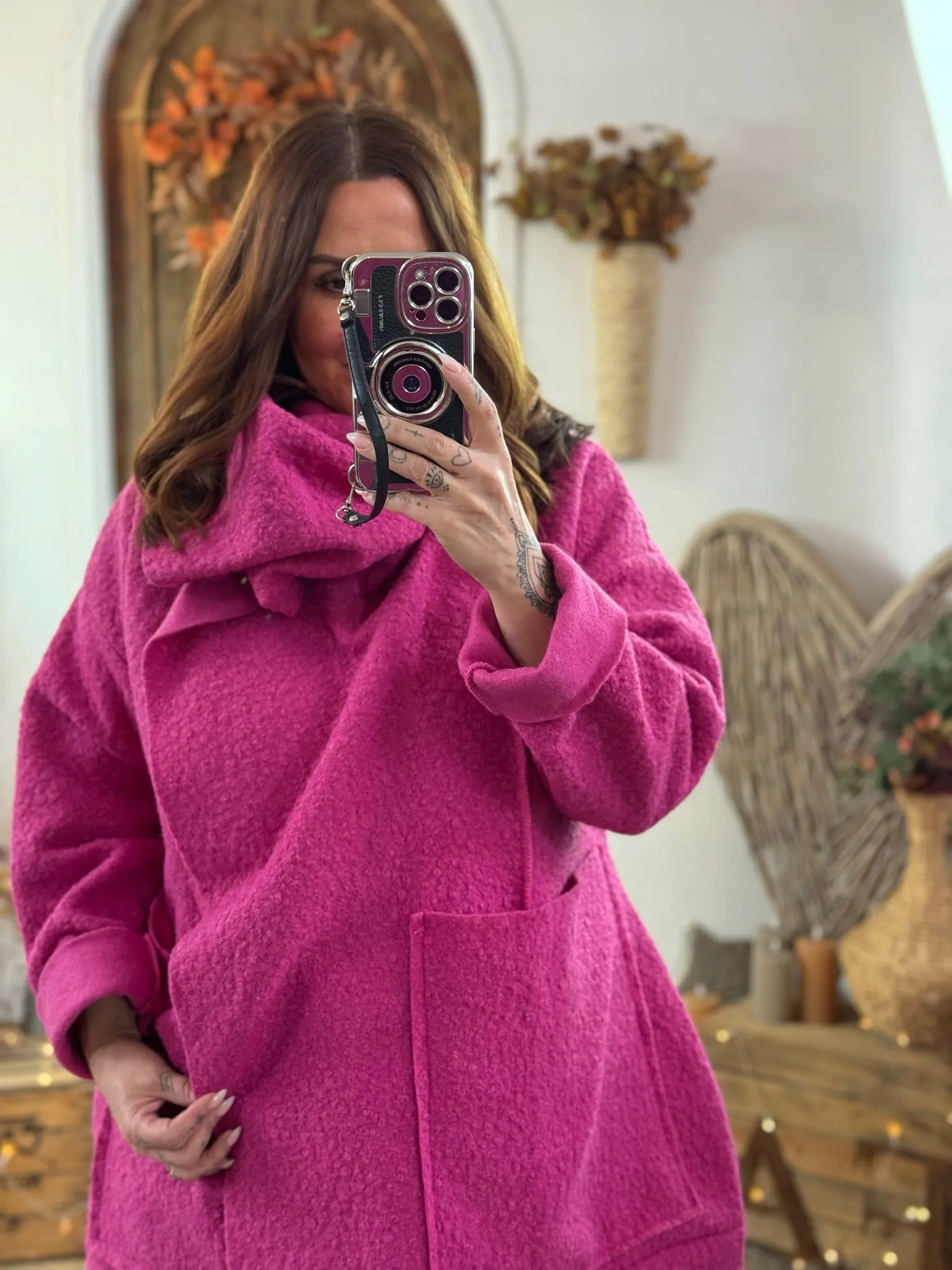 Magenta Hudson Boucle Wrap Neck Teddy Coat