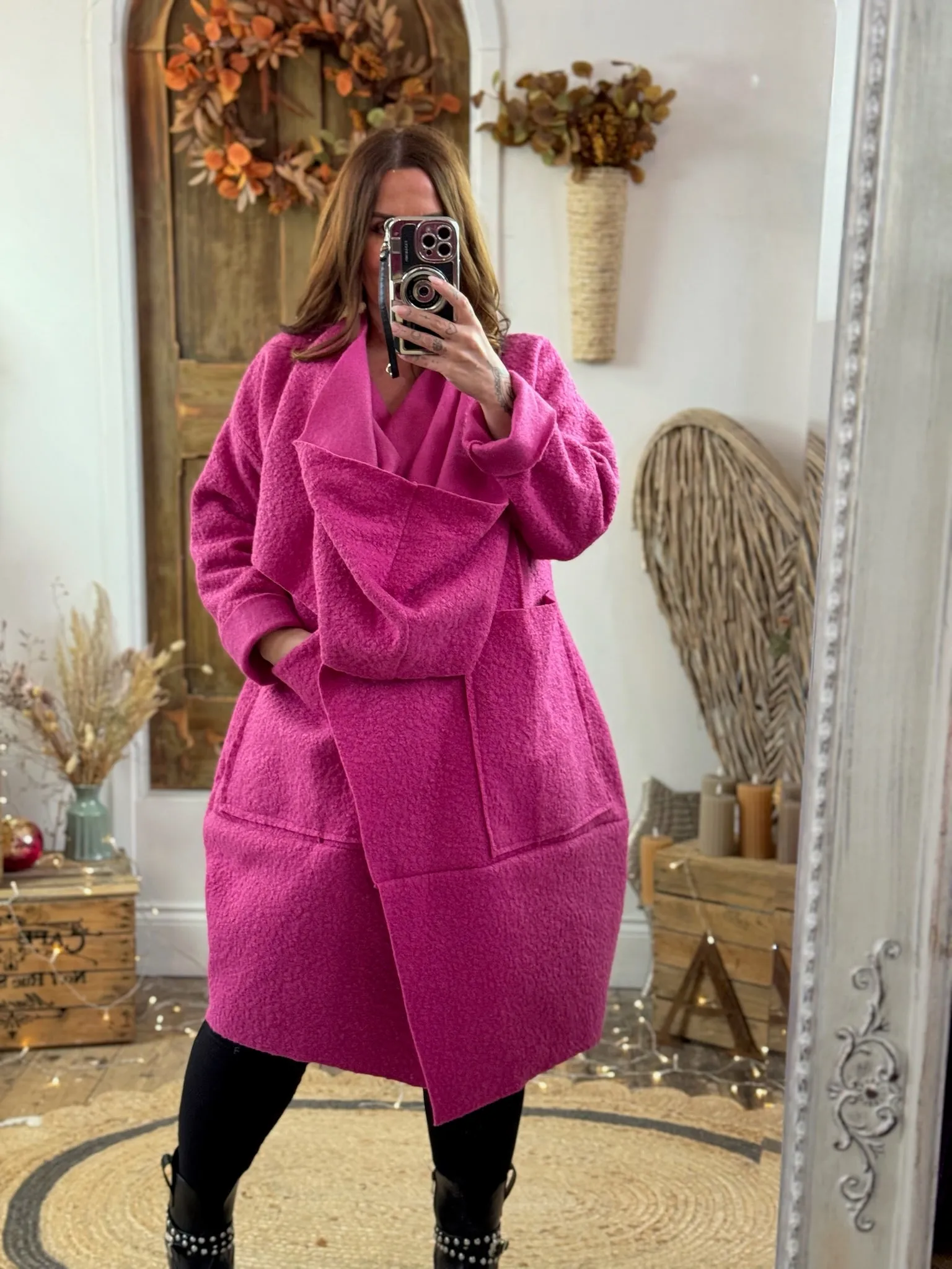Magenta Hudson Boucle Wrap Neck Teddy Coat