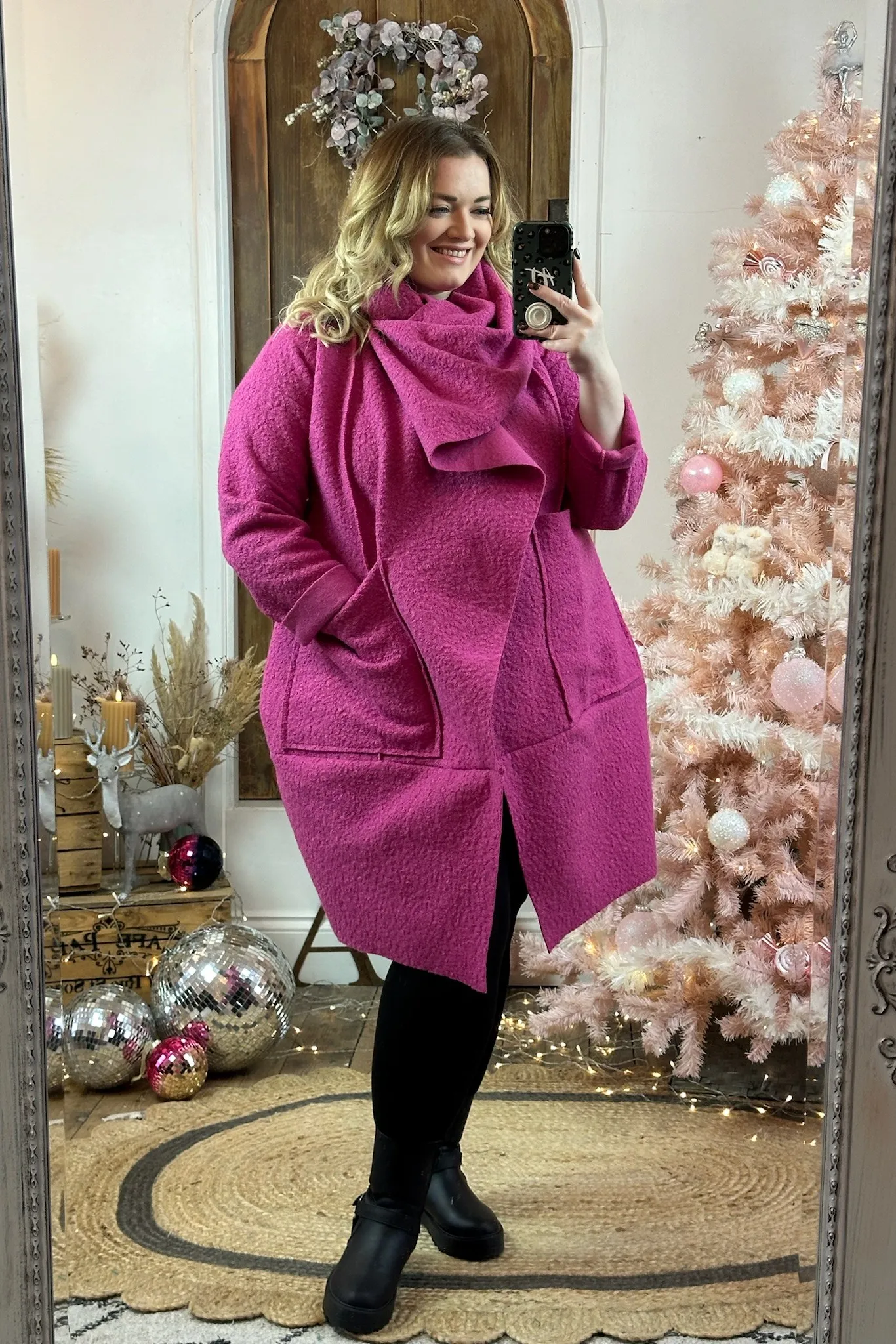 Magenta Hudson Boucle Wrap Neck Teddy Coat